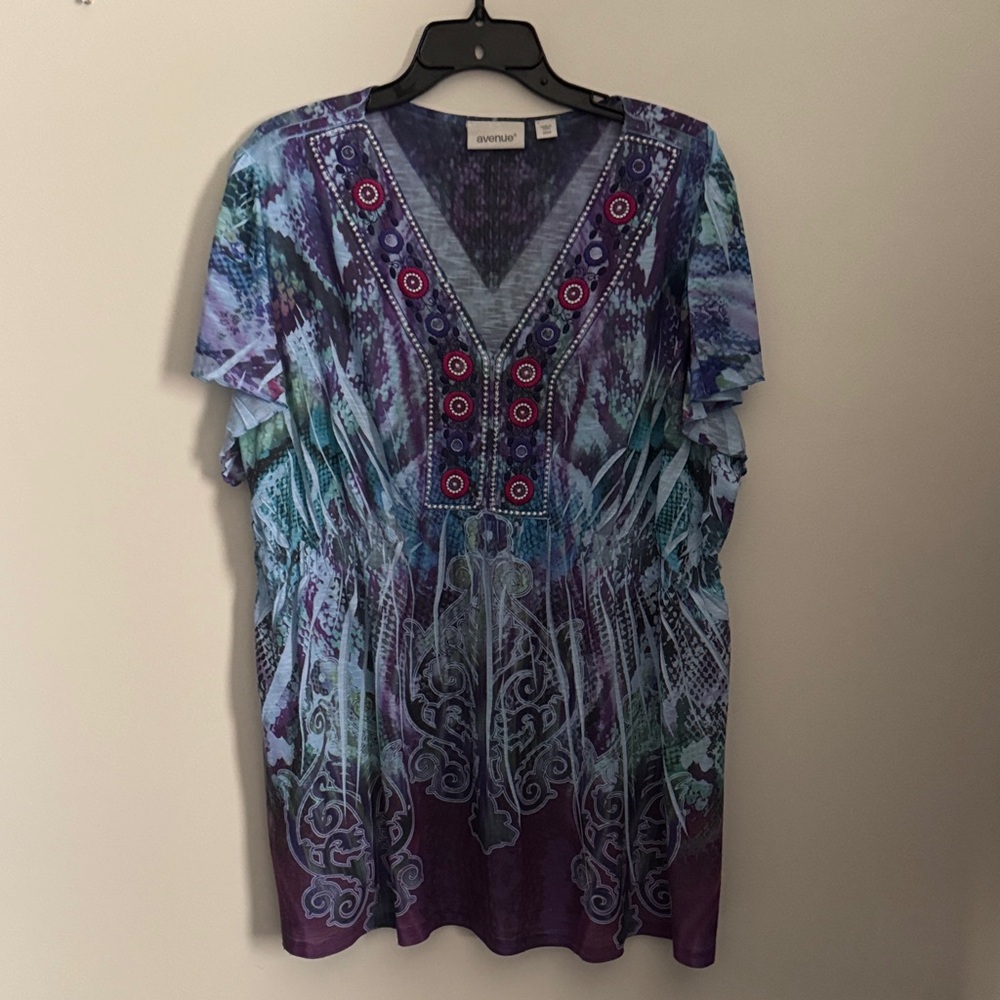 Avenue Purple and Blue Embellished V-Neck Tunic